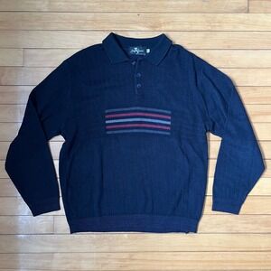Gran Sasso Mens Navy Blue Wool Blend Knit Polo Sweater Striped Chest Large